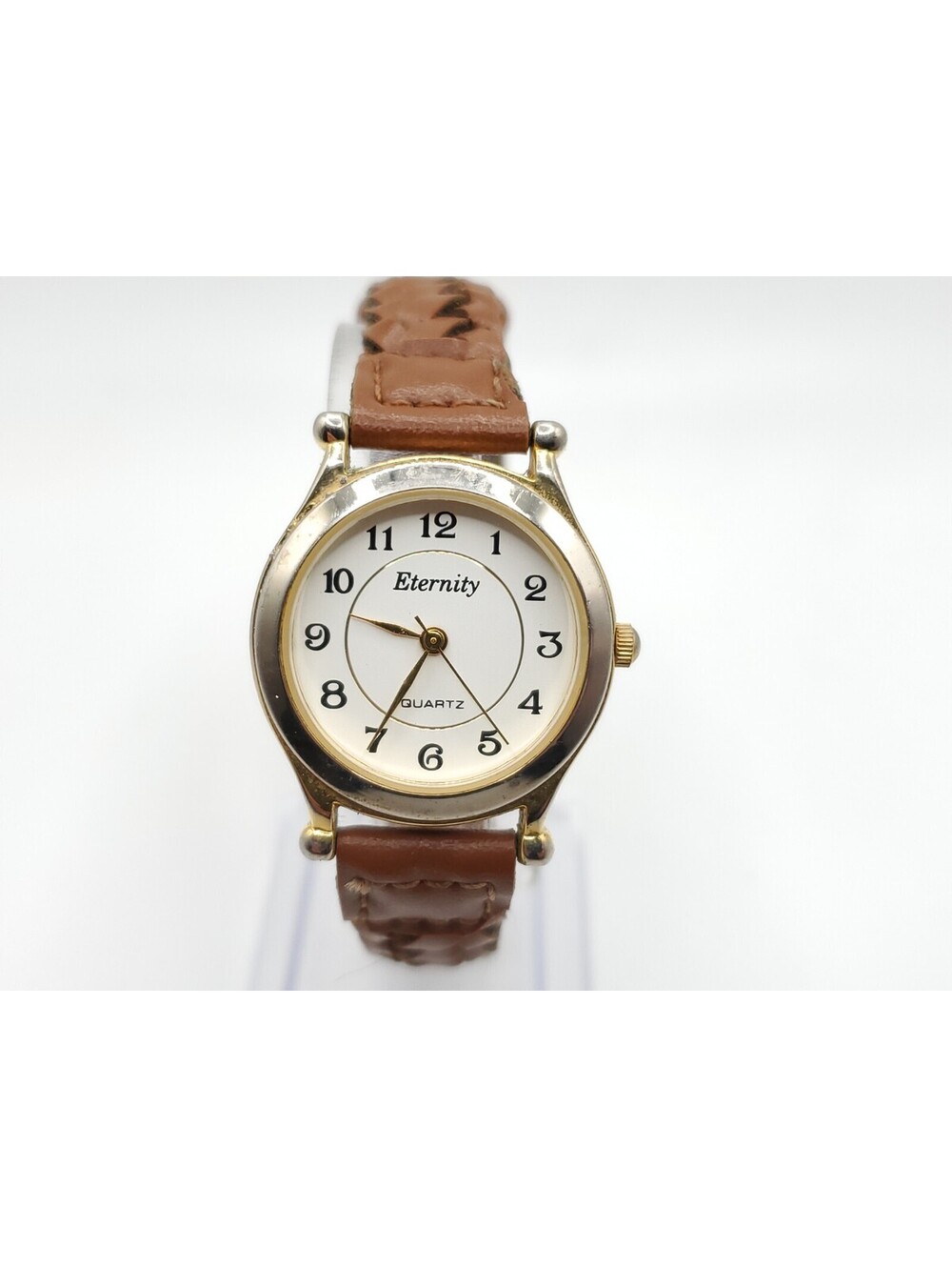 Eternity Quartz Watch Womens New Battery Gold Tone Brown Laced Band 27mm